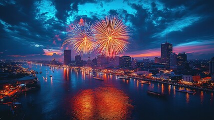 A vibrant fireworks display over a city skyline at dusk, illuminating the water below.