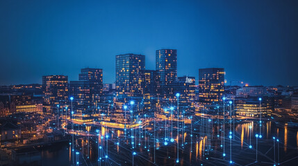 Fototapeta premium Smart digital Innovation city with connection network reciprocity over the cityscape. of future smart wireless digital city and social media networking systems that connects people with in city
