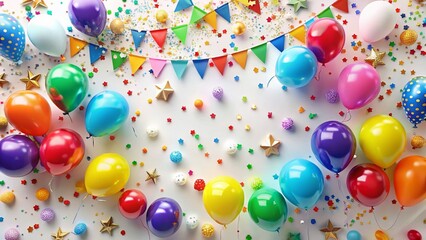Festive Celebration Background: Colorful Balloons, Garlands & Confetti on White