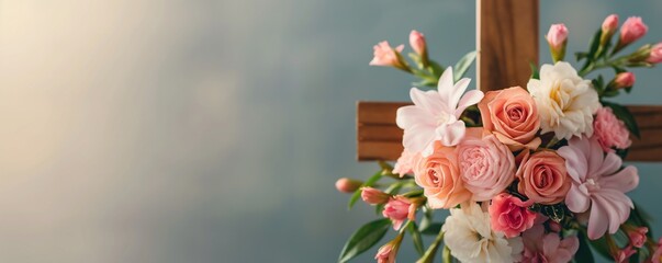 Obraz premium A beautifully arranged cross adorned with colorful flowers against a soft, blurred background, symbolizing faith and renewal.Easter, religious faith, spiritual renewal, divine blessing, spring rebirth
