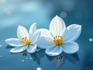 White Flowers Frosted With Delicate Frost Petals Float Gently On Serene Blue Winter Waters In A Peaceful Dreamlike State. 00002