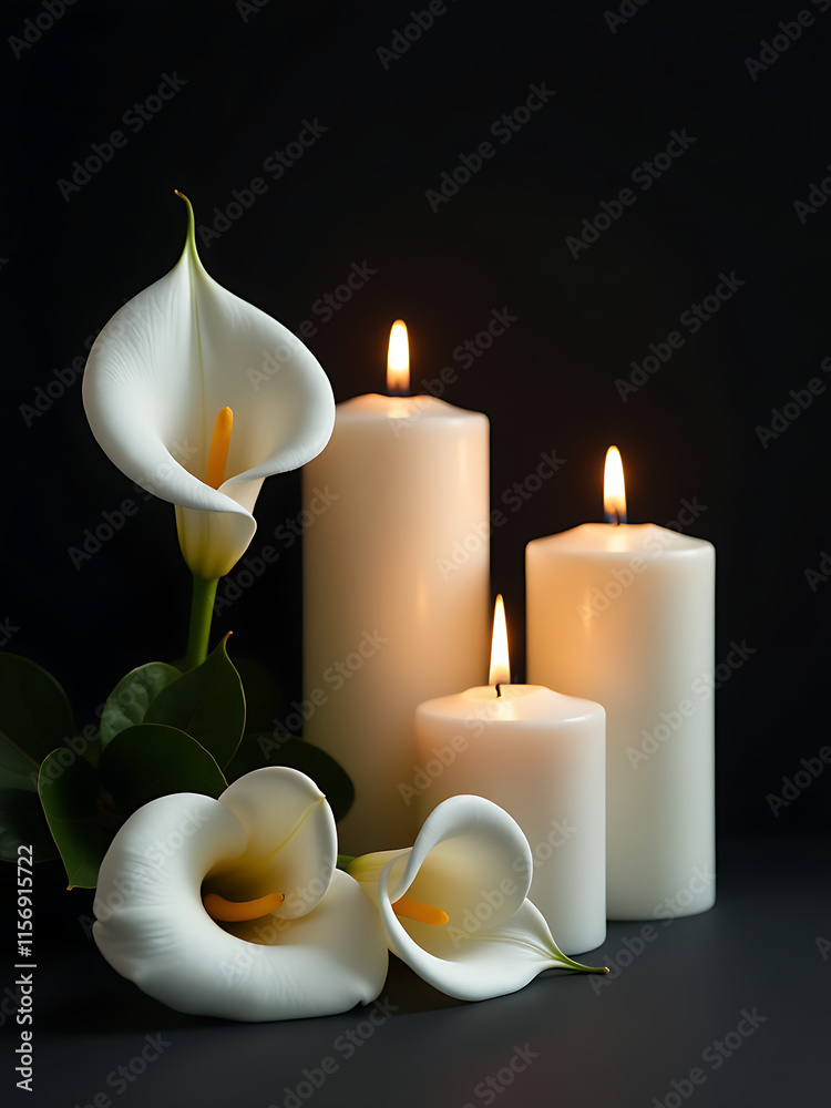Poster white calla lilies and three candles placed against a dark background create a somber yet elegant sy