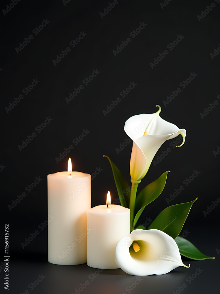 Poster white calla lilies and three candles placed against a dark background create a somber yet elegant sy