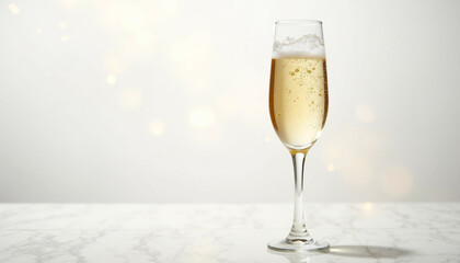 A glass of sparkling champagne sits on a marble surface against a soft  light background.