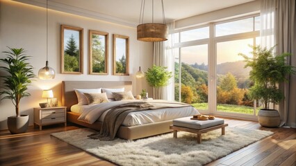 Fototapeta premium Soft light bathes a plush bed in a serene minimalist bedroom, showcasing calm interior design.
