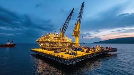 Fototapeta premium Offshore oil rig at dusk, illuminated with bright lights, reflecting on calm waters with crane structures and vessels in the background, showcasing marine engineering and industry.