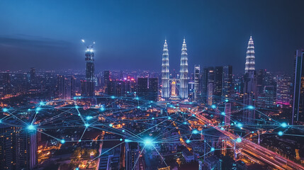 Fototapeta premium Smart digital Innovation city with connection network reciprocity over the cityscape. of future smart wireless digital city and social media networking systems that connects people with in city