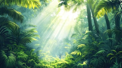 Sunbeams illuminate lush tropical jungle foliage.