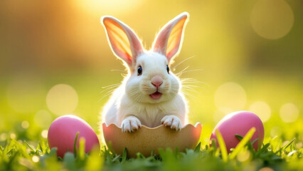 An Easter bunny sits in an eggshell in backlighting.