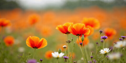 Obraz premium A field of flowers with a mix of orange and white flowers. The flowers are scattered throughout the field, with some in the foreground and others in the background