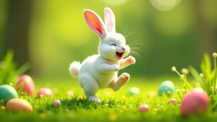 Happy white Easter bunny dancing in the garden with colored eggs.