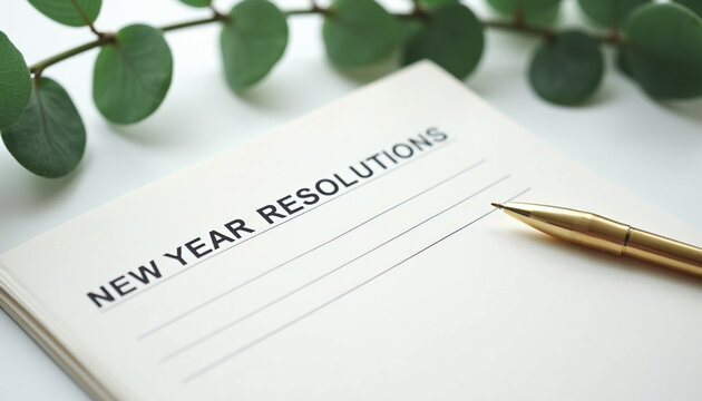 New Year Resolutions Notepad with Gold Pen and Eucalyptus Branch - Powered by Adobe