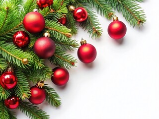 Festive Pine Branches with Red Ornaments, Christmas Decor, Holiday Background, Winter Wonderland, Isolated White