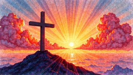 Illustration of a wooden cross on top of a mountain at sunrise.