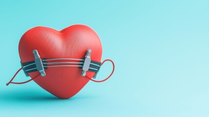 A red heart secured with stitches against a turquoise backdrop, symbolizing healing and emotional resilience.