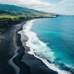 Azores' volcanic beach from above.