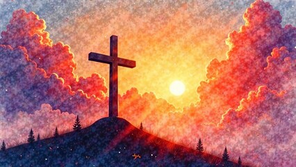 Illustration of a wooden cross on top of a mountain at sunrise.