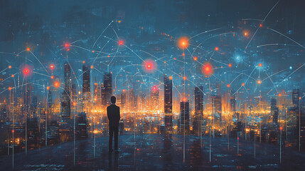 Fototapeta premium Smart digital Innovation city with connection network reciprocity over the cityscape. of future smart wireless digital city and social media networking systems that connects people with in city
