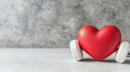Fototapeta premium A red heart rests between two white dumbbells on a textured surface, symbolizing love and fitness.
