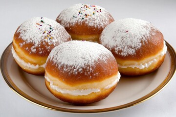 Delicious Sweet Cream-Filled Doughnuts Topped with Powdered Sugar and Colorful Sprinkles on a Decorative Plate Ready for Indulgence and Celebration