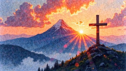 Illustration of a wooden cross on top of a mountain at sunrise.