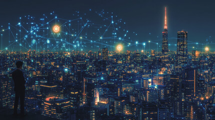 Smart digital Innovation city with connection network reciprocity over the cityscape. of future smart wireless digital city and social media networking systems that connects people with in city