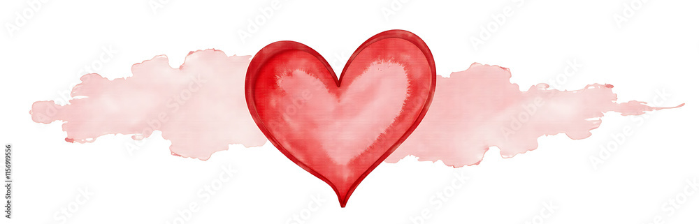 Poster watercolor heart shape painting isolated on a white background with a subtle red hue dominating the 