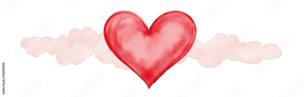Poster watercolor heart shape painting isolated on a white background with a subtle red hue dominating the 