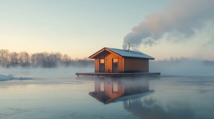 Fototapeta premium sauna by a frozen lake with steam rising from the water