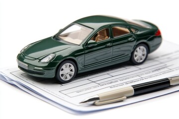 Detailed Model Car on Paperwork, Representing Automotive Industry and Transaction Processes in a Professional Context with Focus on Insurance and Ownership Documentation