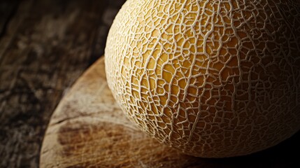 Close up of a cantaloupe's textured rind, with soft rustic lighting and a wooden cutting board
