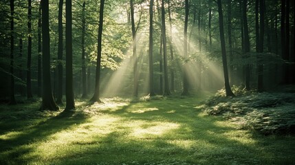 Fototapeta premium Sunlight filters through trees in a serene forest, creating a tranquil atmosphere.