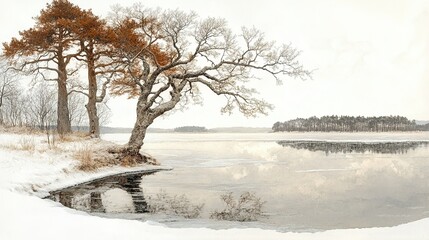 A serene winter landscape featuring trees by a frozen lake under a soft, cloudy sky.