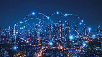 Smart digital Innovation city with connection network reciprocity over the cityscape. of future smart wireless digital city and social media networking systems that connects people with in city