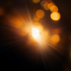 Obraz premium Blurred gold and orange light leaks with retro lens flare and bokeh on black, perfect for vintage photo overlays or cinematic effects.