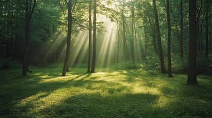 Fototapeta premium A serene forest scene with sunlight filtering through trees onto a grassy floor.