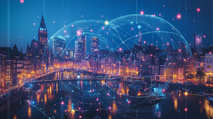 Smart digital Innovation city with connection network reciprocity over the cityscape. of future smart wireless digital city and social media networking systems that connects people with in city