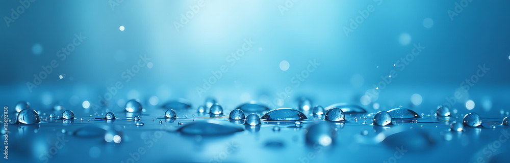 Poster Water Droplets Glisten On A Serene Blue Background Creating A Peaceful Atmosphere In This Calming Visual Display. 00002