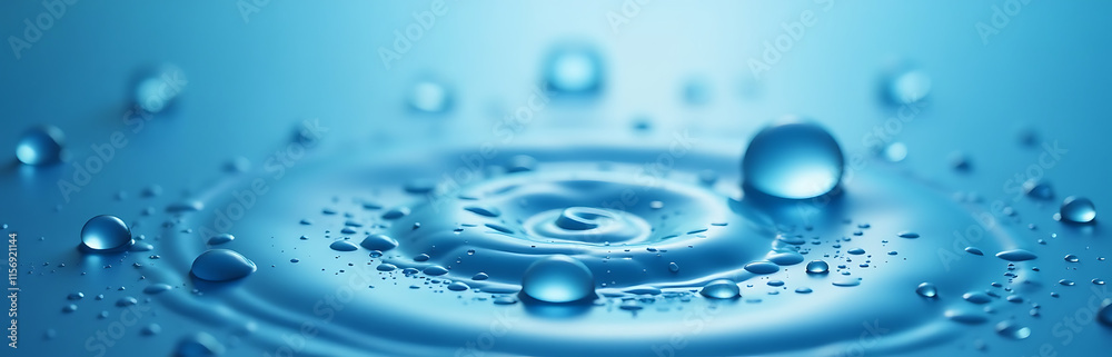Poster Water Droplets Glisten On A Serene Blue Background Creating A Peaceful Atmosphere In This Calming Visual Display. 00001