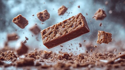 Chocolate bar exploding mid-air with crumbs.