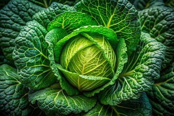 Fototapeta premium Fresh Juicy Cabbage Head, Detailed Macro Portrait Photography