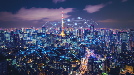Fototapeta premium Smart digital Innovation city with connection network reciprocity over the cityscape. of future smart wireless digital city and social media networking systems that connects people with in city