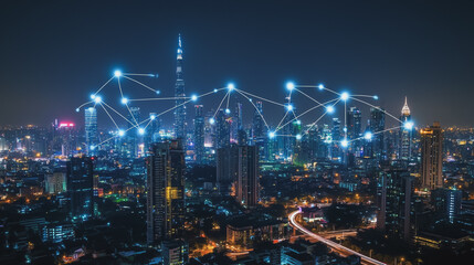 Smart digital Innovation city with connection network reciprocity over the cityscape. of future smart wireless digital city and social media networking systems that connects people with in city
