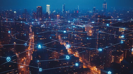 Fototapeta premium Smart digital Innovation city with connection network reciprocity over the cityscape. of future smart wireless digital city and social media networking systems that connects people with in city