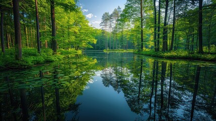 Obraz premium Serene woodland pond surrounded by towering trees and lush vegetation, with the reflection of the sky mirrored in its still waters. 