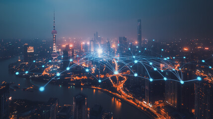 Fototapeta premium Smart digital Innovation city with connection network reciprocity over the cityscape. of future smart wireless digital city and social media networking systems that connects people with in city