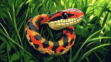 Colorful snake coiled in green grass.