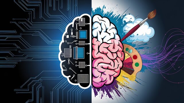 A split brain showing art versus circuits, symbolizing creativity.