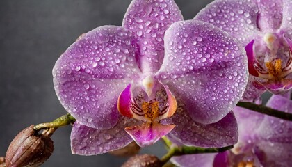 Close-up of a violet orchid with water droplets on the petals