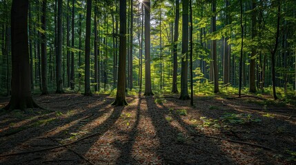 Fototapeta premium Shadows cast by towering trees, weaving intricate patterns on the forest floor in dappled sunlight. 
